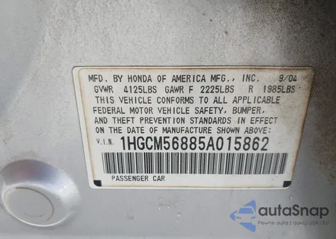 2005 Honda Accord 2.4 Ex из США, поврежденный, VIN 1HGCM56885A015862